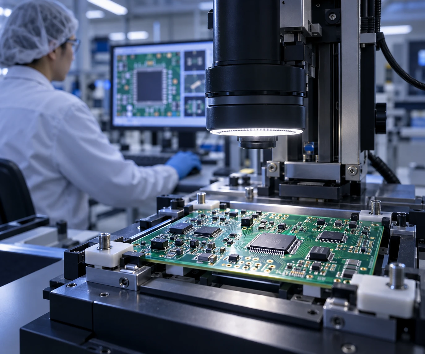 Illustrative PCB optical inspection station with a quality engineer reviewing results
