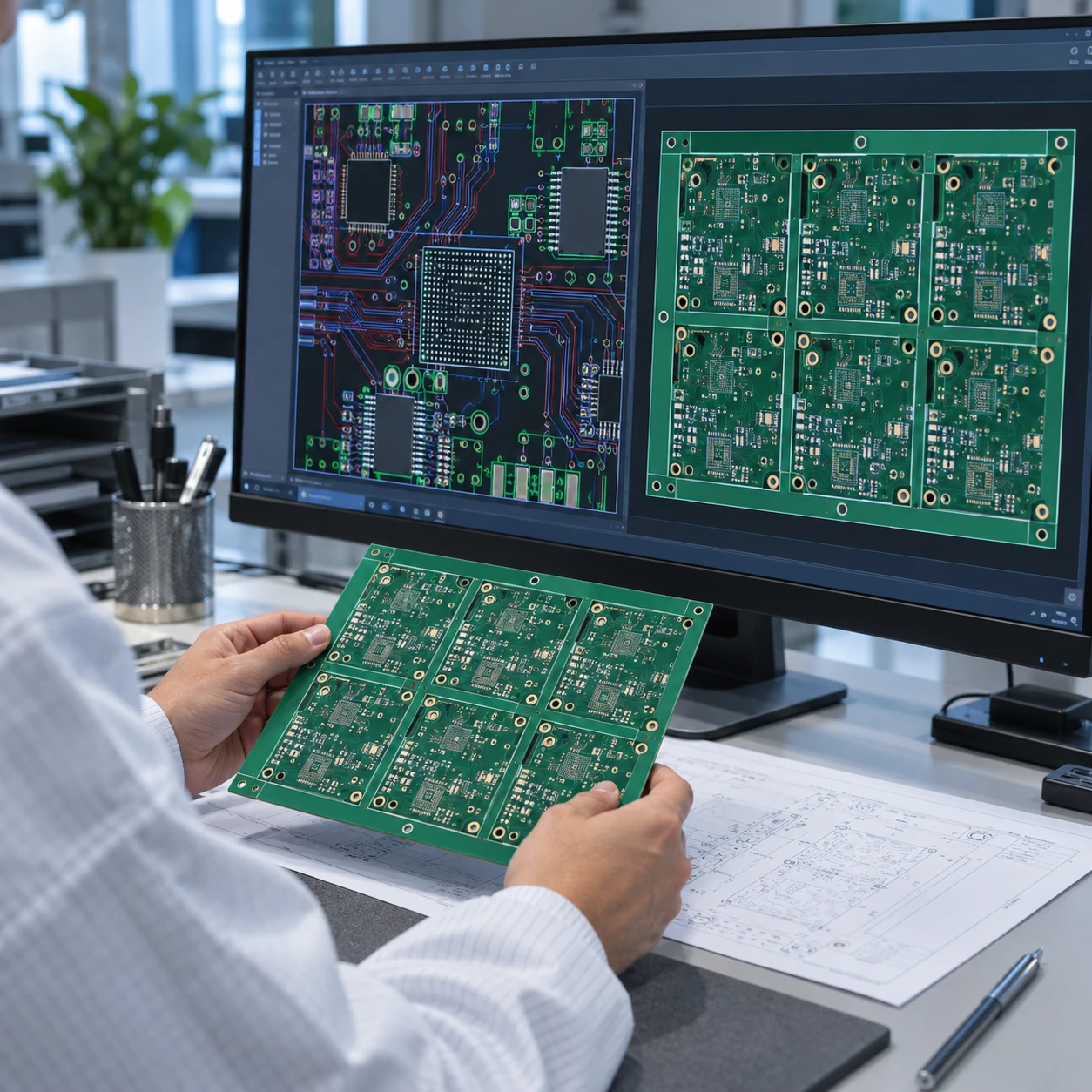 Illustrative engineering review of PCB routing and panelization with a physical board panel