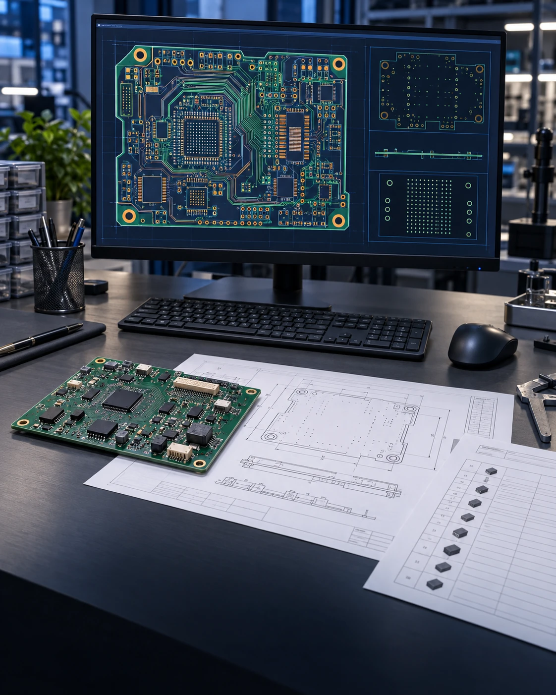 Illustrative PCB engineering workstation with circuit layout, board sample and review drawings