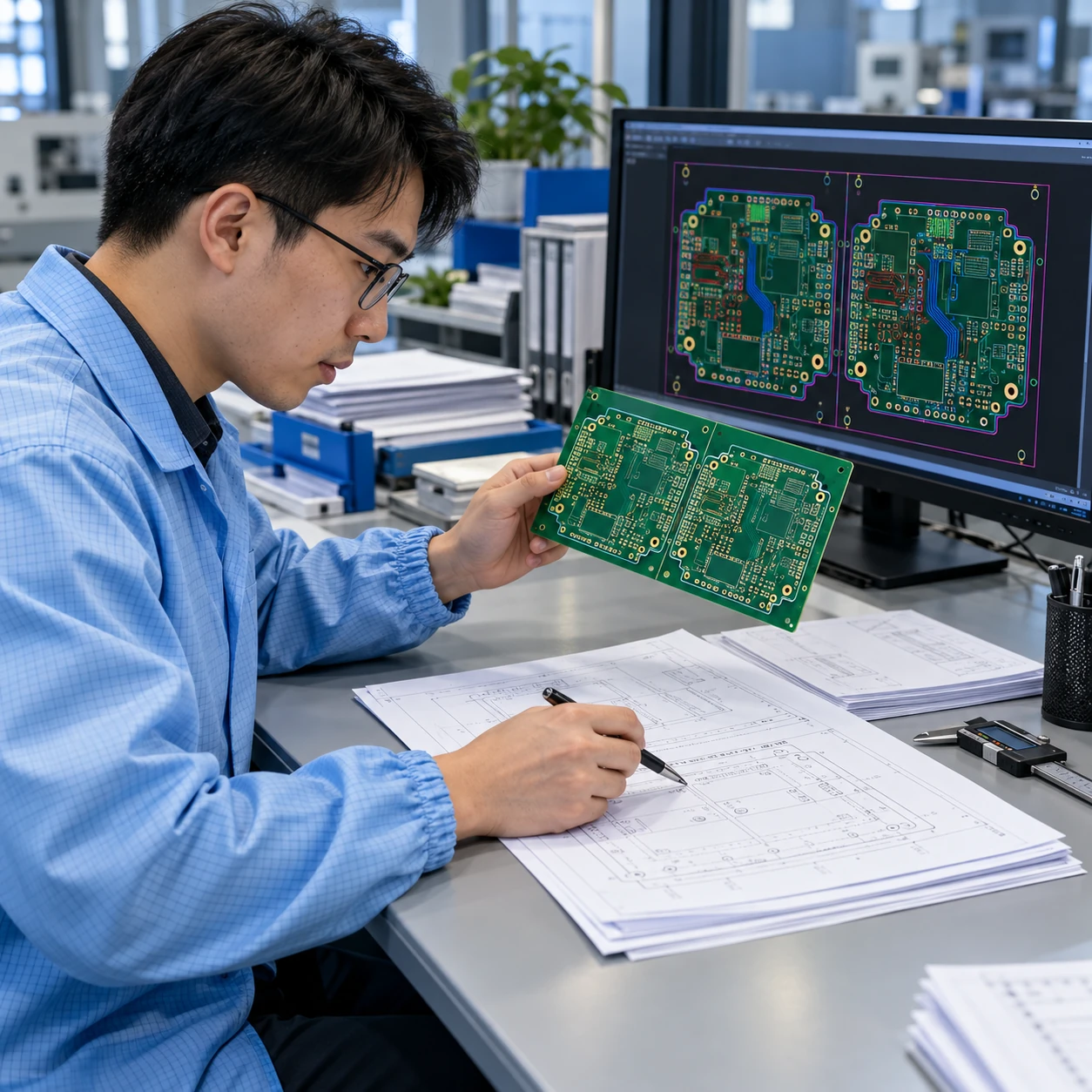 Illustrative PCB design review comparing a panelized circuit board, CAD layout and fabrication drawings
