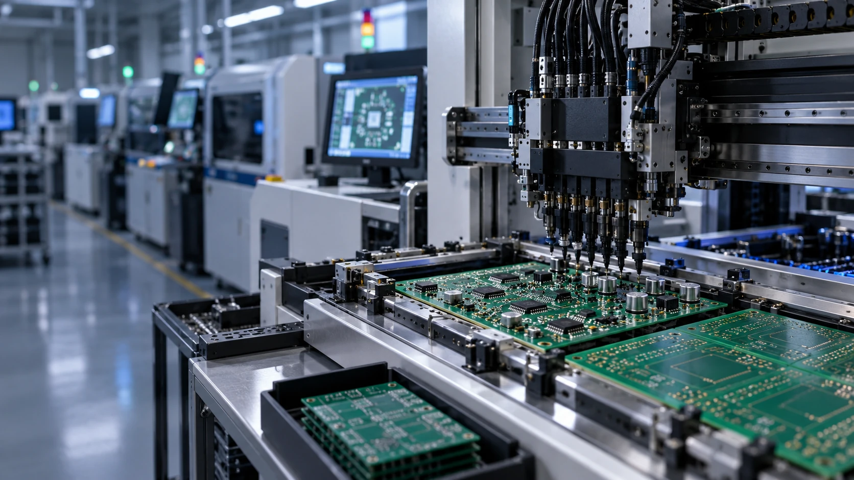 Illustrative SMT assembly line with bare and populated PCB panels for manufacturing planning and verification