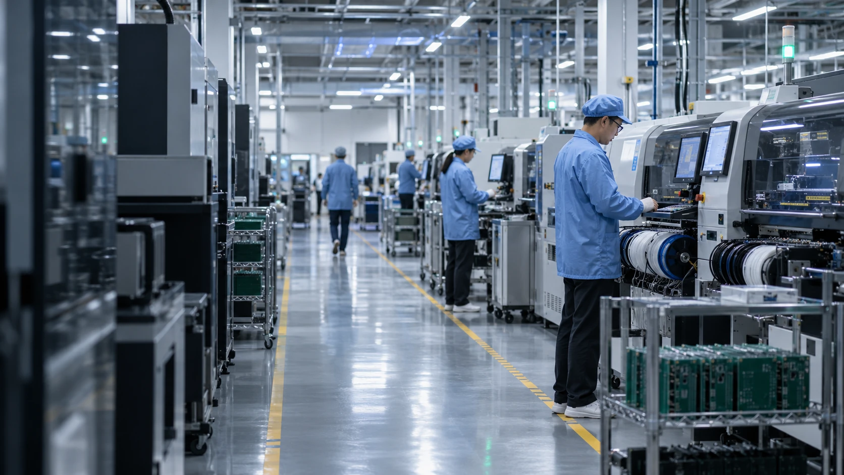Illustrative SMT production floor with technicians, assembly equipment and circuit board panels