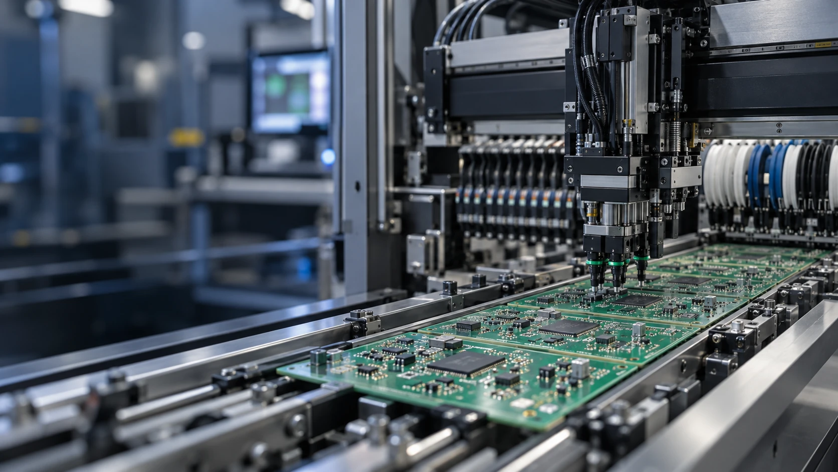 Illustrative SMT placement machine assembling green circuit boards on a controlled production conveyor