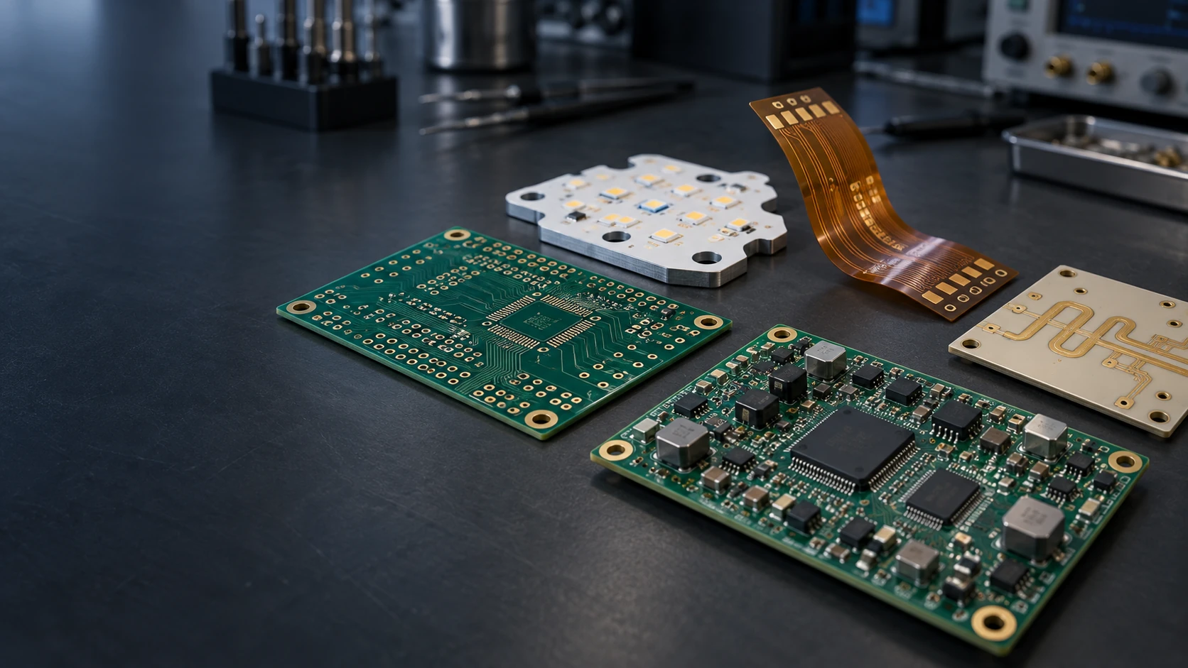 Illustrative range of rigid, metal-backed, flexible and RF circuit boards with a populated SMT assembly