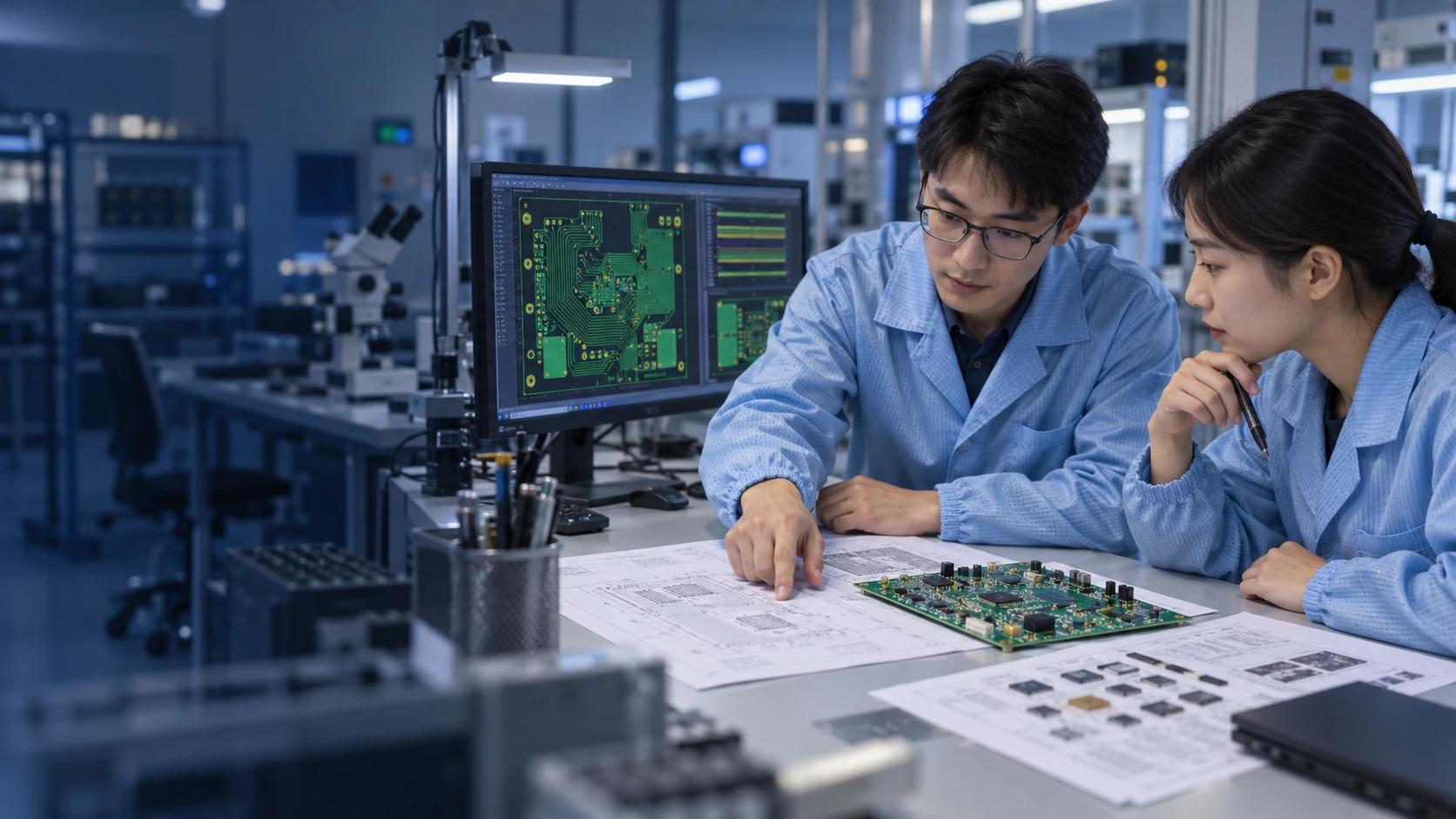 Illustrative engineers reviewing PCB drawings, a circuit board sample and digital design files