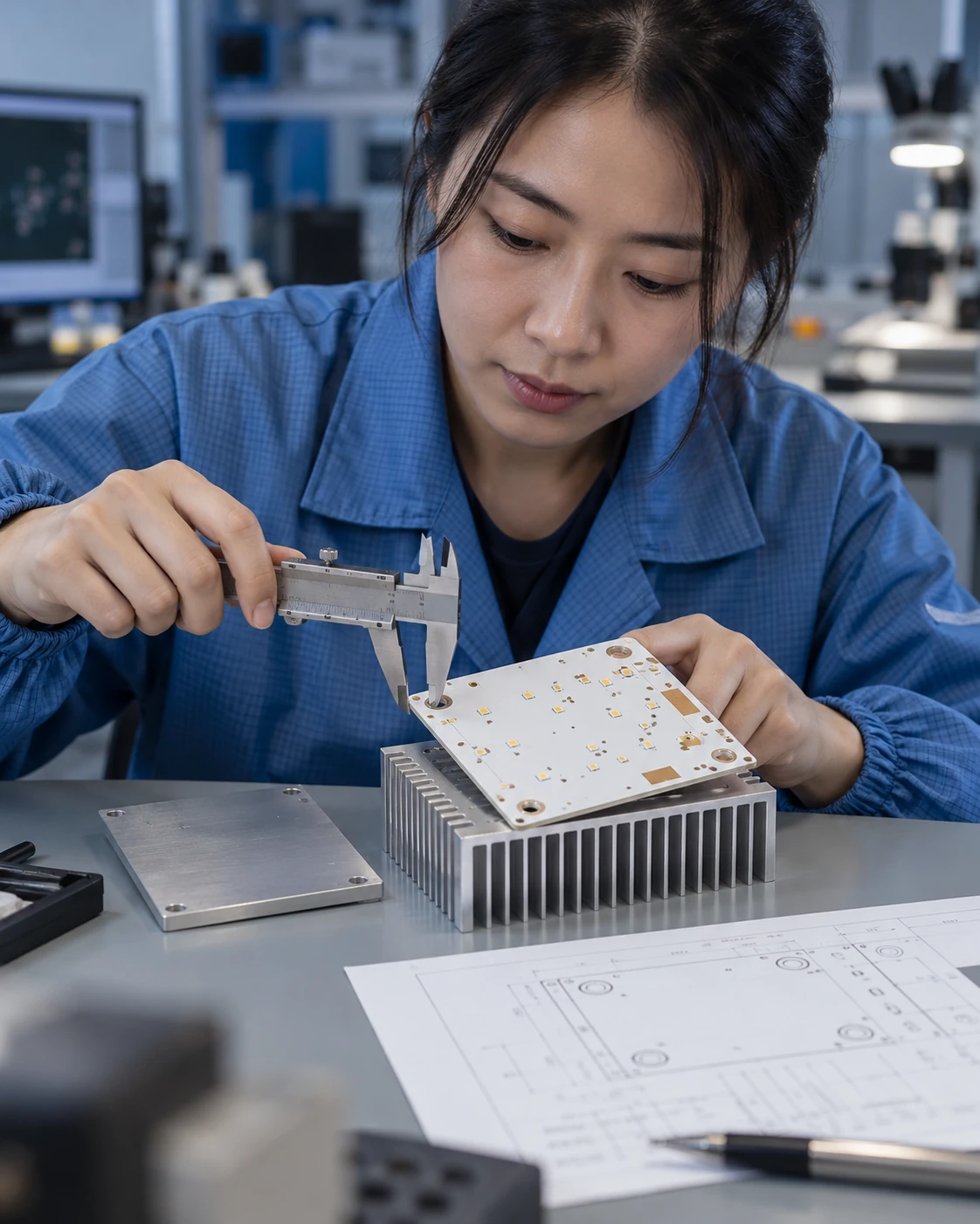 Illustrative aluminum PCB mechanical review with a caliper, heat sink and engineering drawing