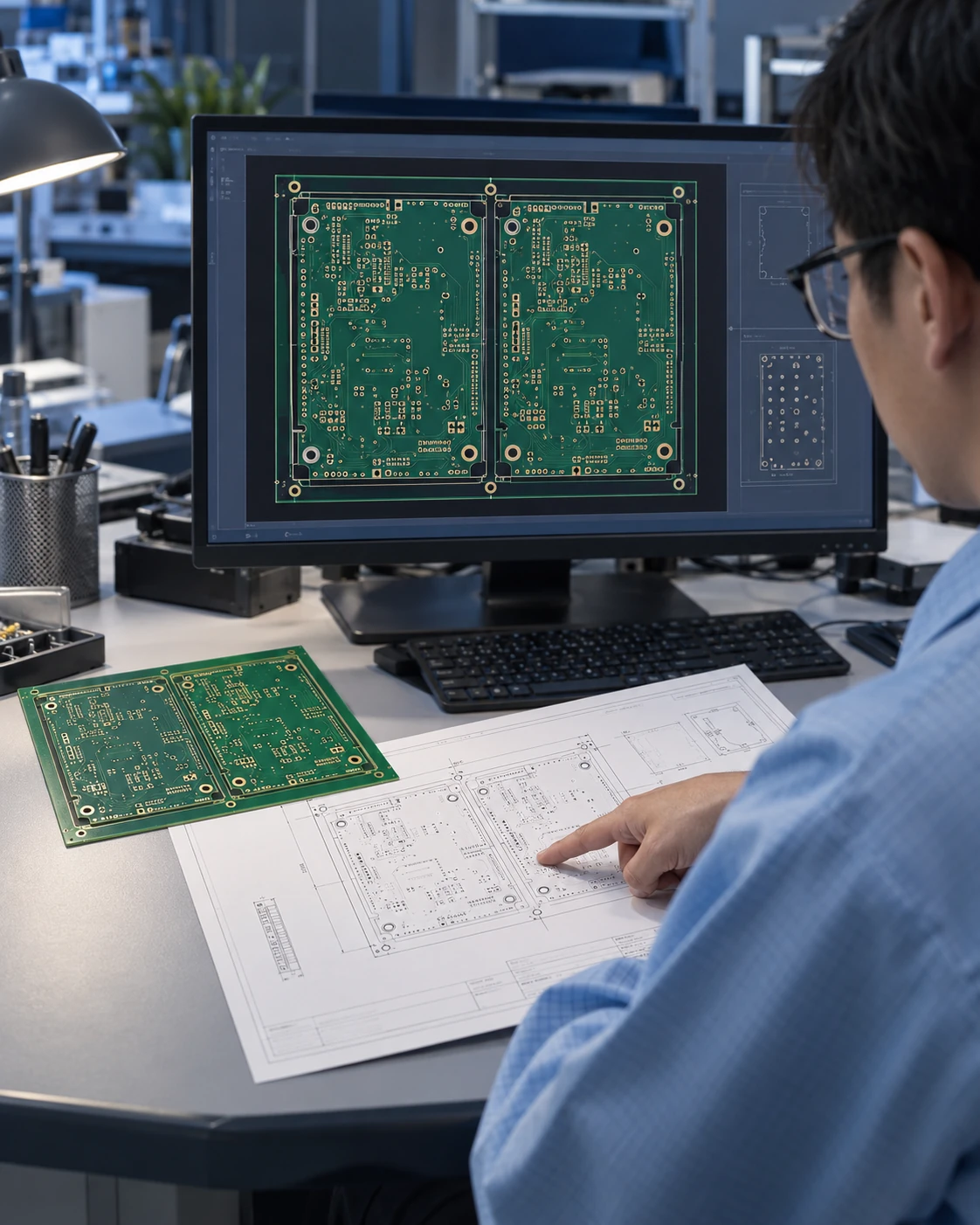 Illustrative DFM review comparing a PCB panel layout, fabrication drawing and bare board