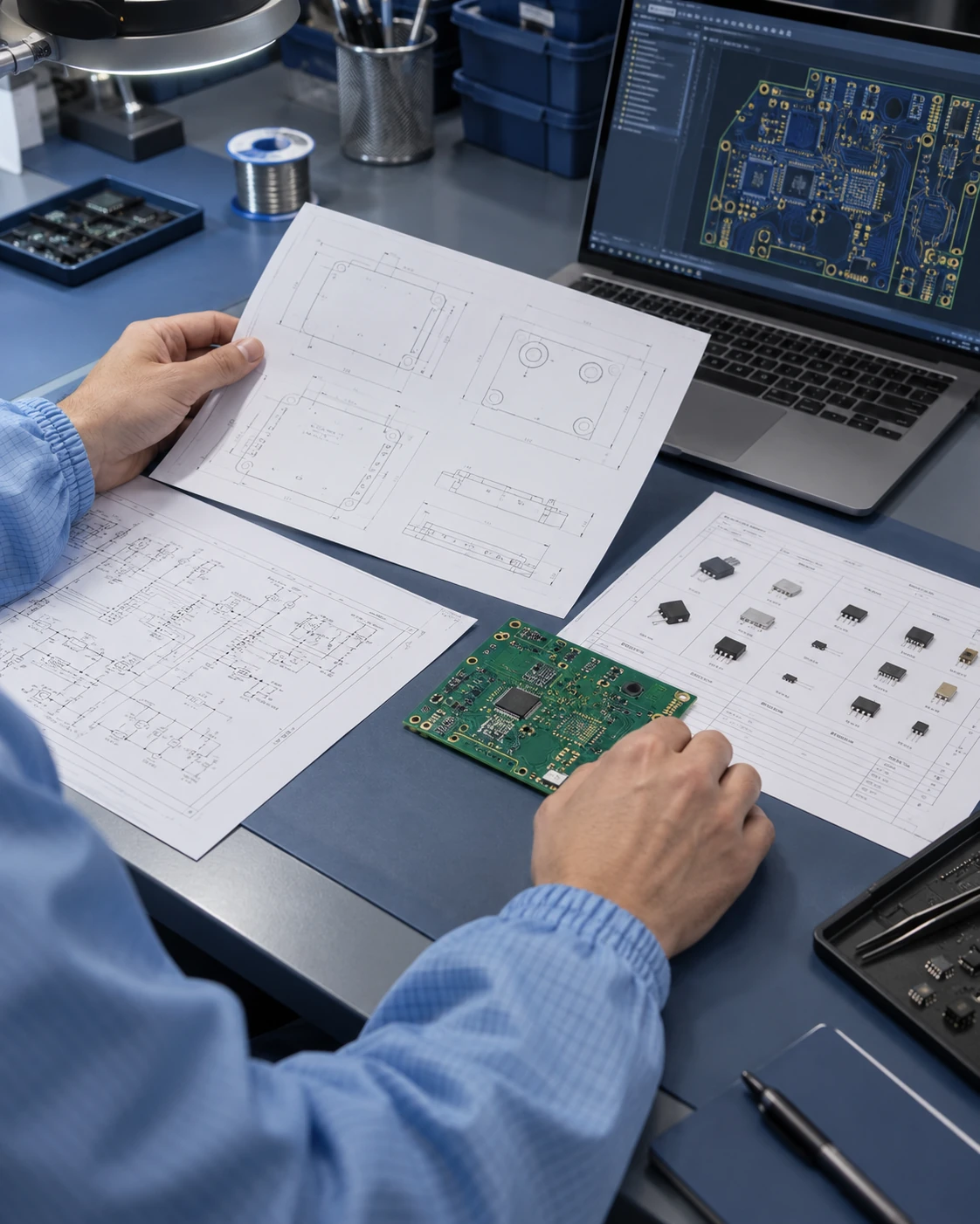 Illustrative engineer organizing PCB drawings, a board sample and component references