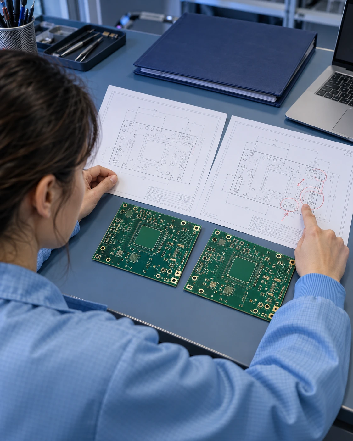 Illustrative engineer comparing PCB revisions with annotated drawings and two board samples